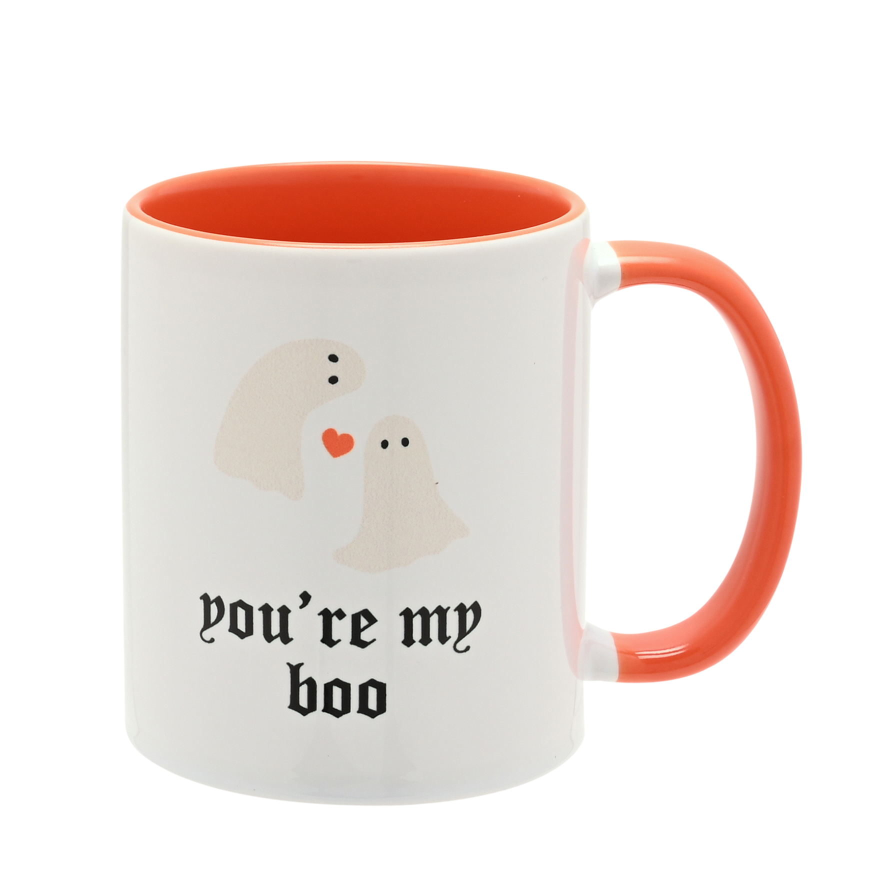 HW775, Halloween Becher, Halloween Tasse, Kaffeebecher, Teebecher, Halloweenspaß, Hocus Pocus Novelties, The Seasonal Gift Company, You're My Boo, weiß-orange mit Gespenstern, Geistern