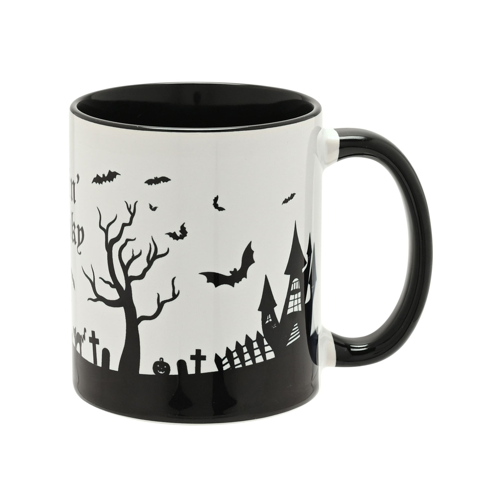 HW771, Halloween Becher, Halloween Tasse, Kaffeebecher, Teebecher, Halloweenspaß, Hocus Pocus Novelties, The Seasonal Gift Company, Feelin' Spooky Halloween Becher mit Geisterhaus, Fledermäusen und Spukbaum