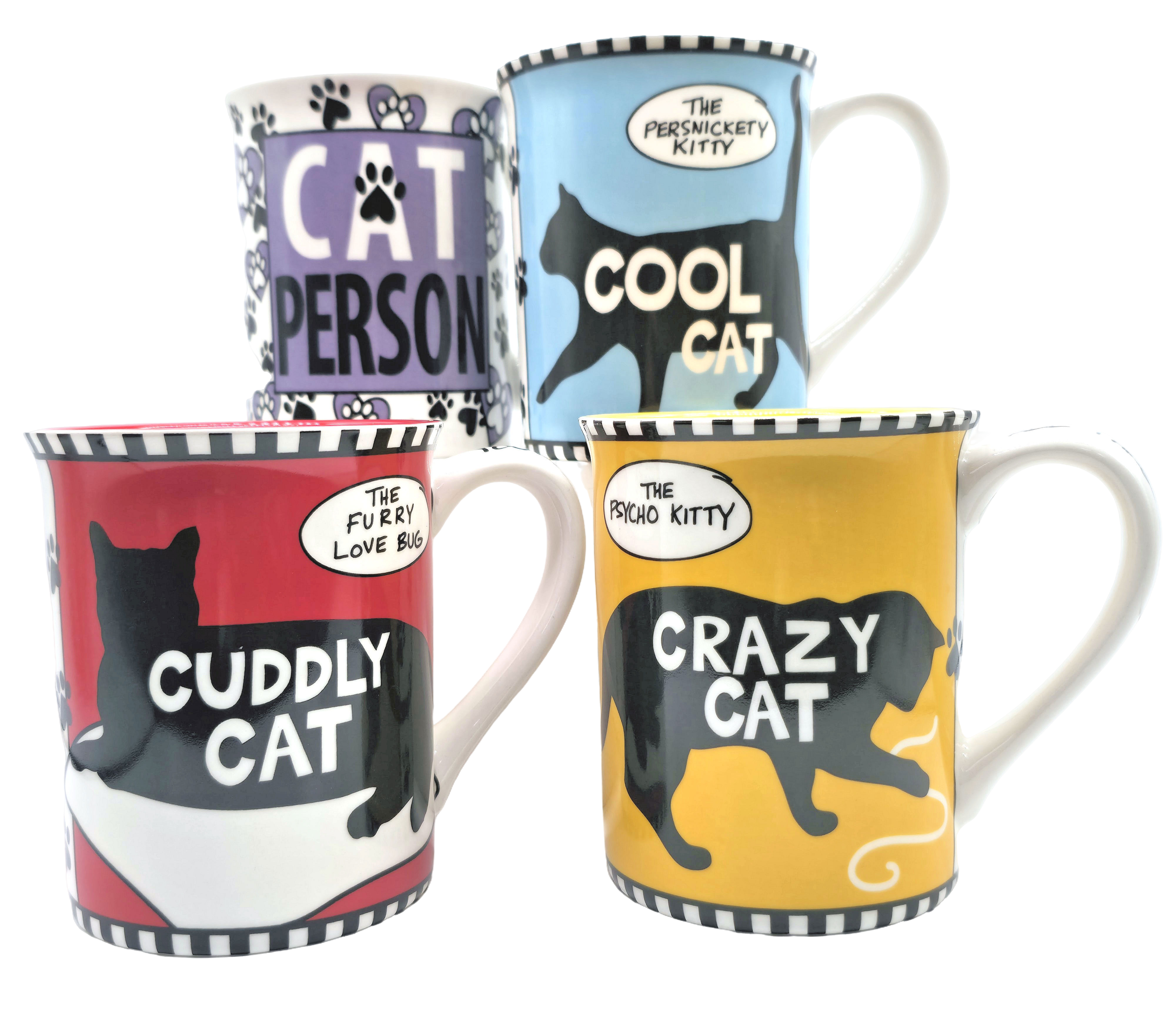 Cat Katzenbecher Set (4er) – Cuddly Cat, Crazy Cat, Cool Cat & Cat Person – 0,5 l – Geschenkbox