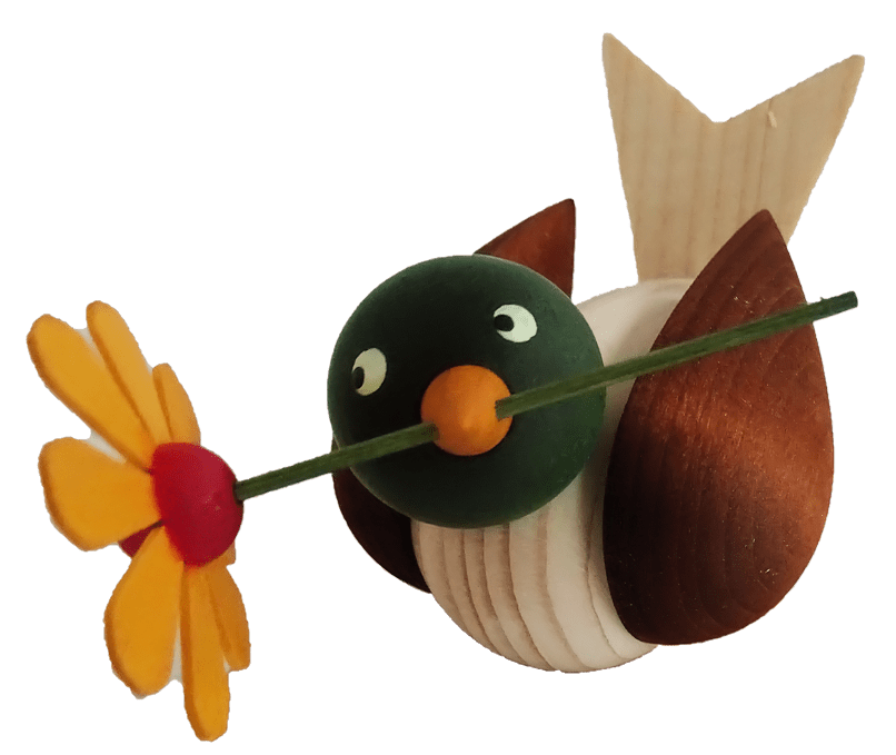 Erzgebirge Vogel Blumenbote in braun mit gelber Blume - Steckfigur für den großen Kerzenring von Sebastian Design